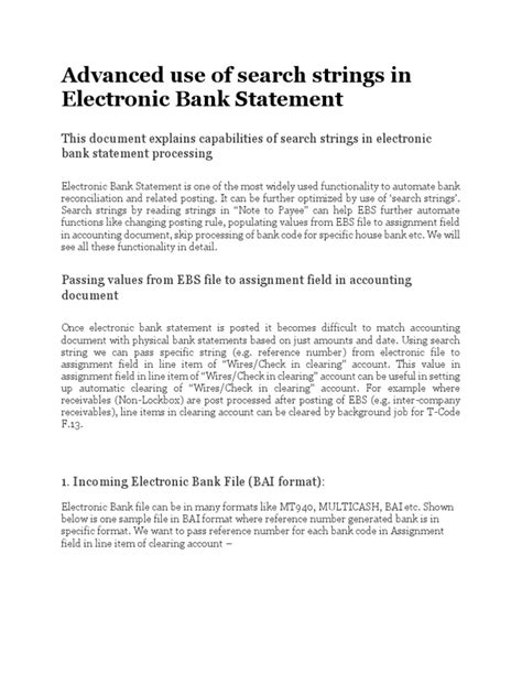 Advanced use of search strings in Electronic Bank .